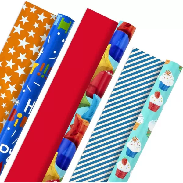 Hallmark Birthday Wrapping Paper Rolls  Balloons Stars Cupcakes Blue Stripes Solid Red Gift Wrap Paper Set of 3 Reversible Rolls 75 sq ft ttlKids Birthday TriPack