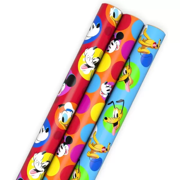 Hallmark Disney Wrapping Paper Rolls for Kids Birthdays Christmas Any Occasion Set of 3 Rolls 60 sq ft ttl Mickey Mouse Minnie Mouse Pluto Donald Duck Daisy Duck