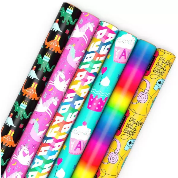 Hallmark Kids Birthday Wrapping Paper 3 Rolls 75 sq ft ttl Pink Rainbows Blue Dinosaurs Yellow quotHappy BirthdayquotDinosaur  Unicorns  Video Games  Rainbow