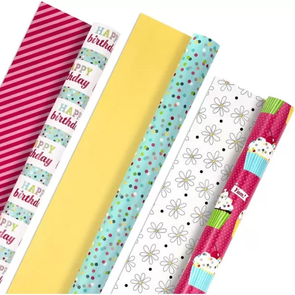 Hallmark Kids Birthday Wrapping Paper 3 Rolls 75 sq ft ttl Pink Rainbows Blue Dinosaurs Yellow quotHappy BirthdayquotPink  Blue