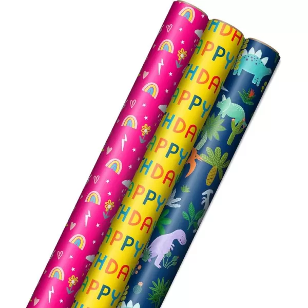 Hallmark Kids Birthday Wrapping Paper 3 Rolls 75 sq ft ttl Pink Rainbows Blue Dinosaurs Yellow quotHappy BirthdayquotYellow  Pink  Navy