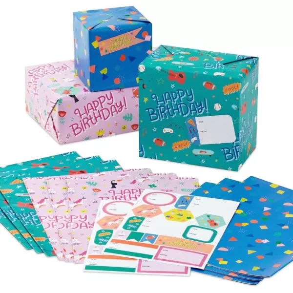 Hallmark Kids Birthday Wrapping Paper Sheets with Cutlines on Reverse 12 Folded Sheets with Sticker Seals Pink Blue Green Cats Unicorns Pizza Video Games Sports ConfettiPink  Blue  Green