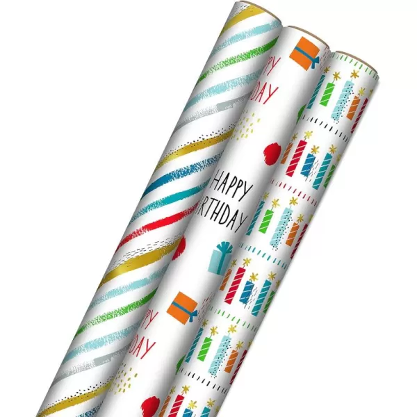 Hallmark Recycled Wrapping Paper with Cutlines on Reverse 3 Rolls 60 Sq Ft Ttl Red Blue Green Gold Stripes Candles quotHappy Birthdayquot for Kids and AdultsWhite  Red  Green