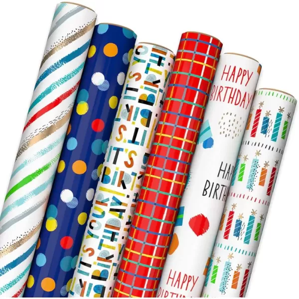 Hallmark Recycled Wrapping Paper with Cutlines on Reverse 3 Rolls 60 Sq Ft Ttl Red Blue Green Gold Stripes Candles quotHappy Birthdayquot for Kids and AdultsRed  Blue