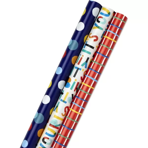 Hallmark Recycled Wrapping Paper with Cutlines on Reverse 3 Rolls 60 Sq Ft Ttl Red Blue Green Gold Stripes Candles quotHappy Birthdayquot for Kids and AdultsBright Birthday