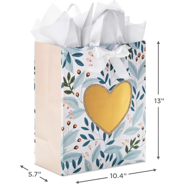 Hallmark 13quot Large Gift Bag with Tissue Paper Green Foliage Gold Heart for Weddings Engagements Anniversaries Bridal Showers and MoreBlue  Pink