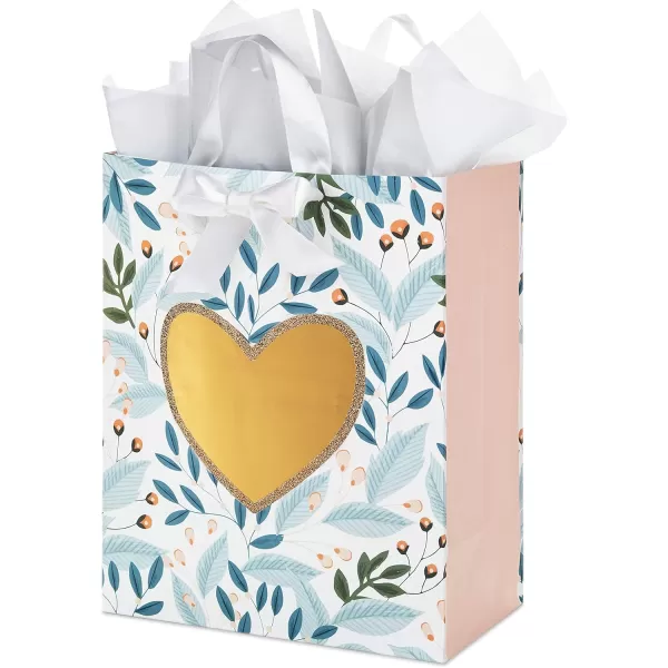 Hallmark 13quot Large Gift Bag with Tissue Paper Green Foliage Gold Heart for Weddings Engagements Anniversaries Bridal Showers and MoreBlue  Pink