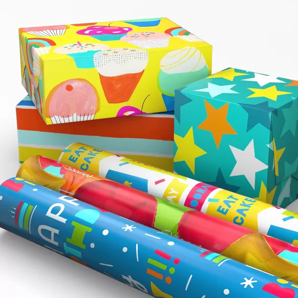 Hallmark Birthday Wrapping Paper Rolls  Stars Stripes Balloons Cupcakes quotHappy Birthdayquot Gift Wrap Paper Set of 6 Rolls 180 sq ft ttl