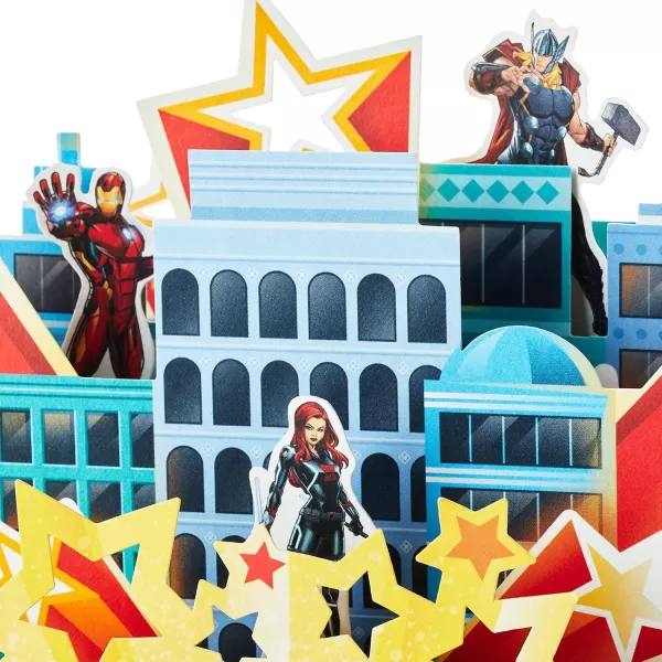 Hallmark Marvel Avengers Pop Up Card Superhero Birthday CakeAssemble  City Scene with Paper Hulk  Black Widow  Captain America  Iron Man Figures