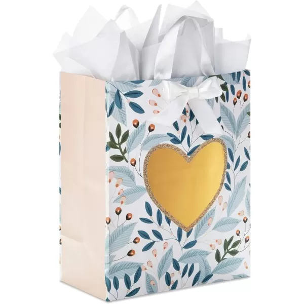 Hallmark 13quot Large Gift Bag with Tissue Paper Green Foliage Gold Heart for Weddings Engagements Anniversaries Bridal Showers and MoreBlue  Pink