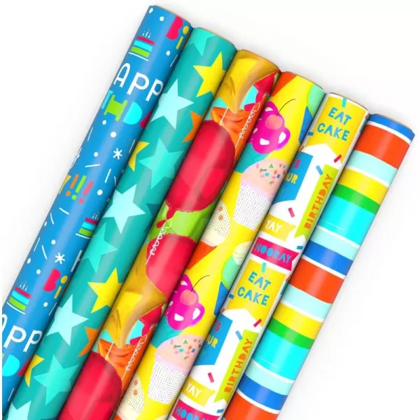 Hallmark Birthday Wrapping Paper Rolls  Stars Stripes Balloons Cupcakes quotHappy Birthdayquot Gift Wrap Paper Set of 6 Rolls 180 sq ft ttl