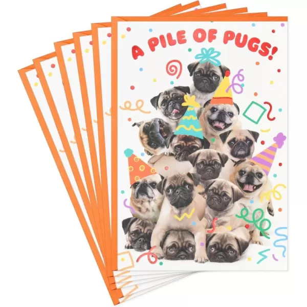 Hallmark Cute Birthday Cards 6 Cards with Envelopes Pile of Pugs