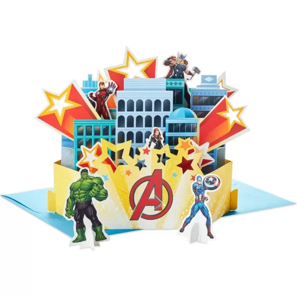 Hallmark Marvel Avengers Pop Up Card Superhero Birthday CakeAssemble  City Scene with Paper Hulk  Black Widow  Captain America  Iron Man Figures