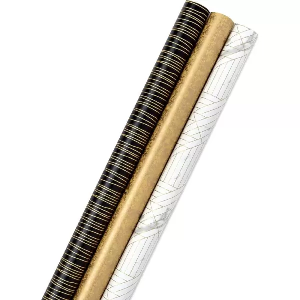 Hallmark Premium Wrapping Paper Roll Bundle with Cut Lines on Reverse 3 Rolls 85 sq ft ttl Marble Black Antiqued Gold for Valentines Day Graduations Birthdays Weddings and Bridal ShowersBlack and Gold