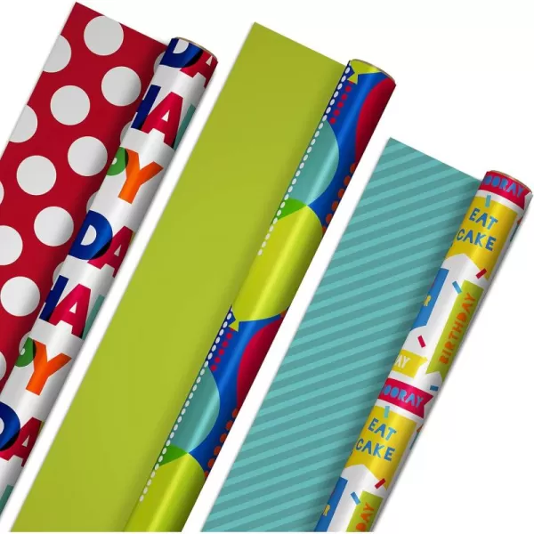 Hallmark Reversible Birthday Wrapping Paper Bundle 3Pack 75 sq ft ttl Balloons Bright Green Teal Stripes White Polka Dots on RedBright Green