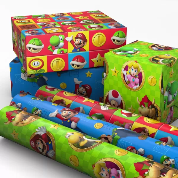 Hallmark Nintendo Super Mario Birthday Wrapping Paper Rolls for Kids Birthdays Christmas Any Occasion Set of 3 Rolls 60 Sq Ft Total Mario Luigi Yoshi Bowser Princess Peach Toad