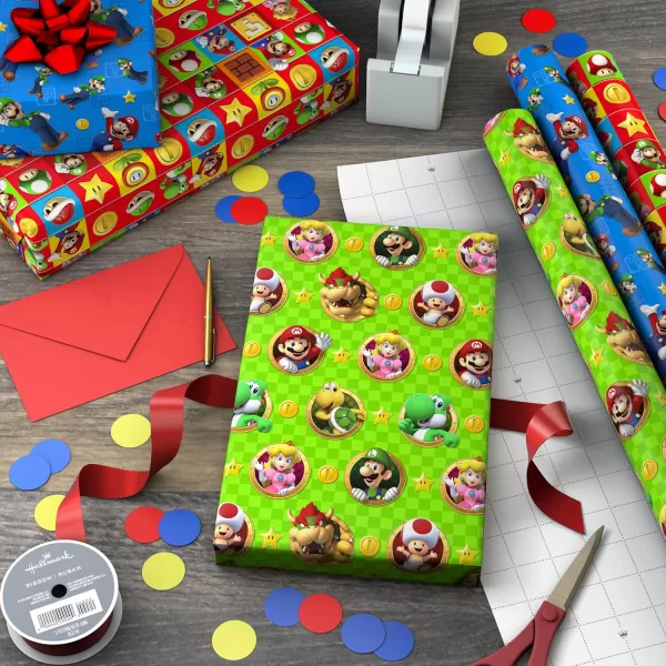 Hallmark Nintendo Super Mario Birthday Wrapping Paper Rolls for Kids Birthdays Christmas Any Occasion Set of 3 Rolls 60 Sq Ft Total Mario Luigi Yoshi Bowser Princess Peach Toad