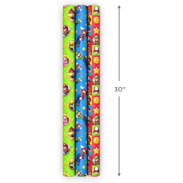 Hallmark Nintendo Super Mario Birthday Wrapping Paper Rolls for Kids Birthdays Christmas Any Occasion Set of 3 Rolls 60 Sq Ft Total Mario Luigi Yoshi Bowser Princess Peach Toad