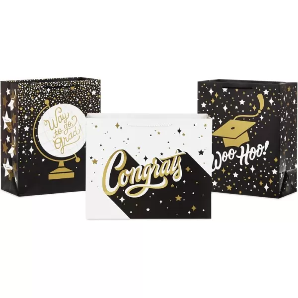 Hallmark 13quot Large Graduation Gift Bags 3 Bags Way to Go Woo Hoo Congrats for High School College Kindergarten 8th Grade and MoreGold  Black  White