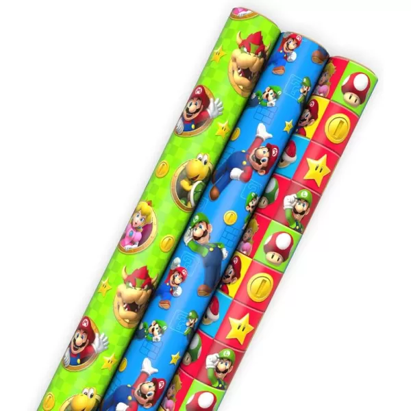 Hallmark Nintendo Super Mario Birthday Wrapping Paper Rolls for Kids Birthdays Christmas Any Occasion Set of 3 Rolls 60 Sq Ft Total Mario Luigi Yoshi Bowser Princess Peach Toad