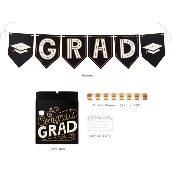 Hallmark 5GEY2000 Graduation Party Kit Black and Gold Banner Table Runner Card Box 25 Advice Cards Graduation Kit One