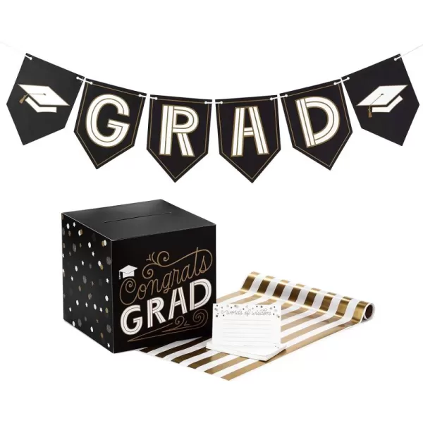 Hallmark 5GEY2000 Graduation Party Kit Black and Gold Banner Table Runner Card Box 25 Advice Cards Graduation Kit One