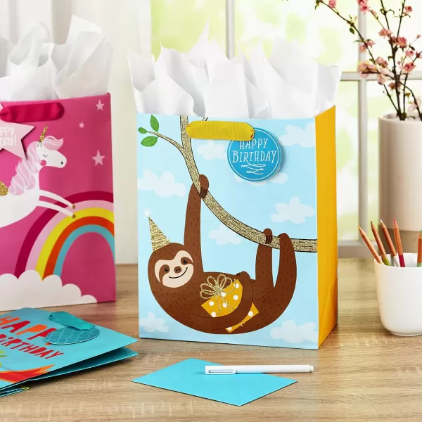 Hallmark 13quot Large Kids Birthday Gift Bags Assortment with Tissue Paper  Sloth Dinosaur Unicorn Pack of 3 Gift Bags 9 Sheets of Tissue PaperPink  Green