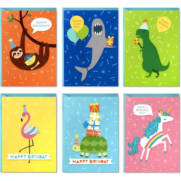 Hallmark Birthday Cards for Kids Assortment 48 Cards with Envelopes Dinosaurs Sloths Unicorns Flamingos Turtles SharksCards  12 Cards and Envelopes