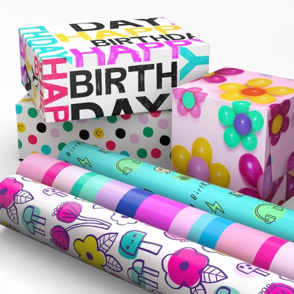 Hallmark Birthday Wrapping Paper Rolls  Flowers Stripes Pink Teal and Black Polka Dots Gift Wrap Paper Set of 6 Rolls 180 sq ft ttl