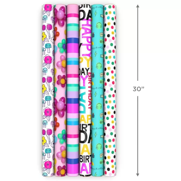 Hallmark Birthday Wrapping Paper Rolls  Flowers Stripes Pink Teal and Black Polka Dots Gift Wrap Paper Set of 6 Rolls 180 sq ft ttl