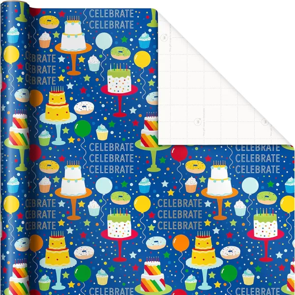 Hallmark Birthday Wrapping Paper Set 3 Rolls 90 Sq Ft Ttl 10 Bows Ribbon Gift Tag Stickers Rainbow Stripes Cake Happy Birthday for Kids and Adults