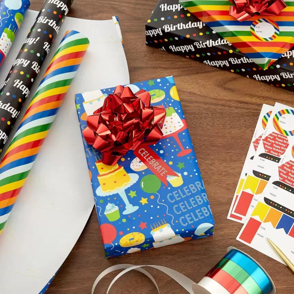 Hallmark Birthday Wrapping Paper Set 3 Rolls 90 Sq Ft Ttl 10 Bows Ribbon Gift Tag Stickers Rainbow Stripes Cake Happy Birthday for Kids and Adults