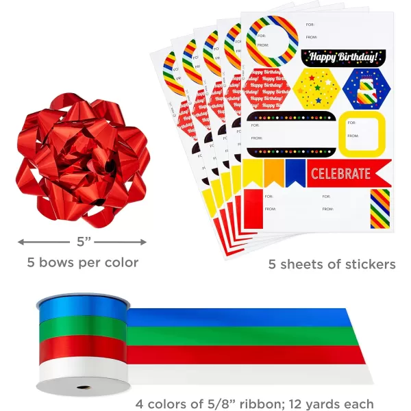 Hallmark Birthday Wrapping Paper Set 3 Rolls 90 Sq Ft Ttl 10 Bows Ribbon Gift Tag Stickers Rainbow Stripes Cake Happy Birthday for Kids and Adults