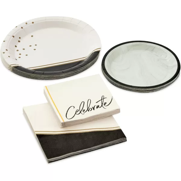 Hallmark Black and Gold Party Supplies 16 Round Dinner Plates 16 Round Dessert Plates 16 Beverage Napkins 16 Dinner Napkins for Weddings Graduations EngagementsChic Black  Ivory  Gold