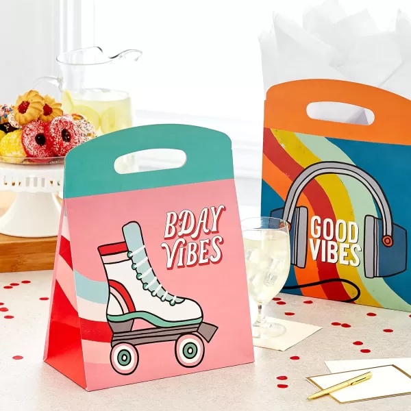 Hallmark Gift Bag Assortment 8 Bags 3 Small 6quot 3 Medium 9quot 2 Large 13quot Kids Birthday Good Vibes Retro IconsRetro Icon  Roller Skates  Headphones  Pink  Blue