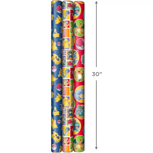 Hallmark Pokmon Wrapping Paper Rolls  Pikachu Charmander Bulbasaur Gift Wrap Paper Set of 3 Rolls 60 sq ft ttl for Birthday Kids Parties Gamers Christmas PresentsPikachu  Charmander  Bulbasaur