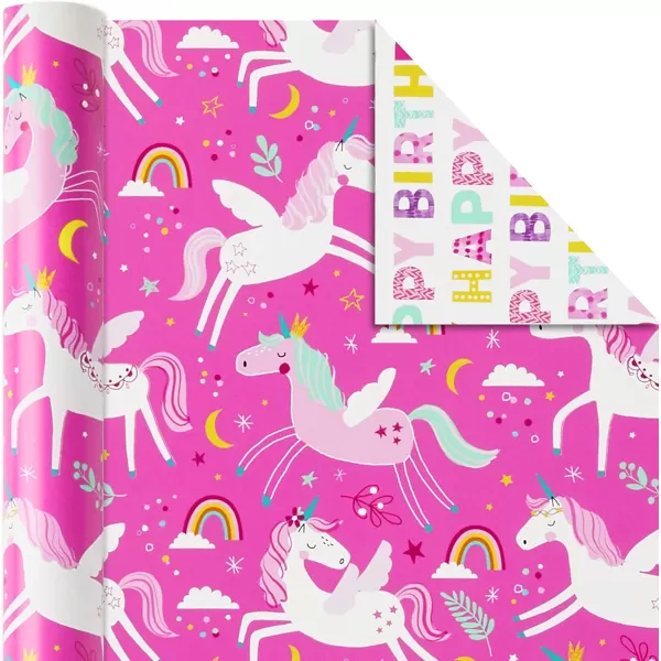 Hallmark Reversible Kids Birthday Wrapping Paper 3 Rolls 120 sq ft ttl Monsters and Unicorns Polka Dots Chevron Pink Teal Blue Red Orange Lime GreenPink