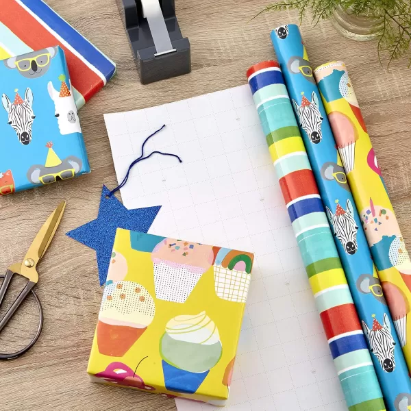 Hallmark Reversible Kids Birthday Wrapping Paper 3 Rolls 120 sq ft ttl Monsters and Unicorns Polka Dots Chevron Pink Teal Blue Red Orange Lime GreenYellow