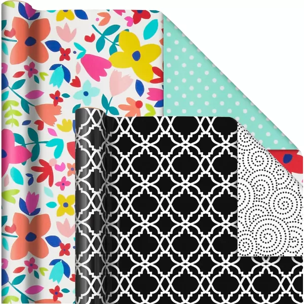 Hallmark Reversible Wrapping Paper Bundle 6 Rolls 195 Square Feet Total Flowers ampamp Polka Dots Black and White Pink and Blue for Birthdays Weddings Valentines Day Mothers Day Baby Shower