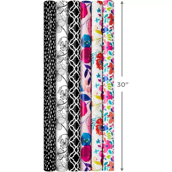 Hallmark Reversible Wrapping Paper Bundle 6 Rolls 195 Square Feet Total Flowers ampamp Polka Dots Black and White Pink and Blue for Birthdays Weddings Valentines Day Mothers Day Baby Shower