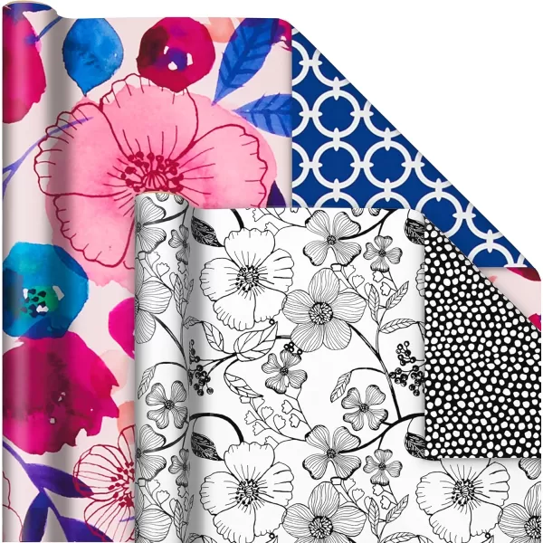 Hallmark Reversible Wrapping Paper Bundle 6 Rolls 195 Square Feet Total Flowers ampamp Polka Dots Black and White Pink and Blue for Birthdays Weddings Valentines Day Mothers Day Baby Shower