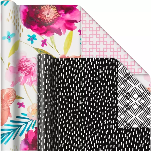 Hallmark Reversible Wrapping Paper Bundle 6 Rolls 195 Square Feet Total Flowers ampamp Polka Dots Black and White Pink and Blue for Birthdays Weddings Valentines Day Mothers Day Baby Shower