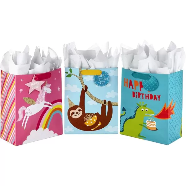 Hallmark 13quot Large Kids Birthday Gift Bags Assortment with Tissue Paper  Sloth Dinosaur Unicorn Pack of 3 Gift Bags 9 Sheets of Tissue PaperPink  Green