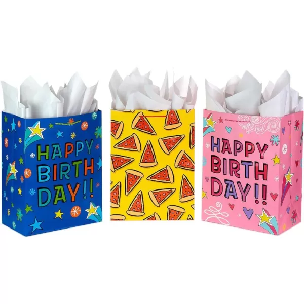 Hallmark 17quot Extra Large Birthday Gift Bags 3Pack Happy Birthday Pink Blue Pizza for Kids Grandchildren Nieces Nephews Boys Girls ClassmatesRed  Blue