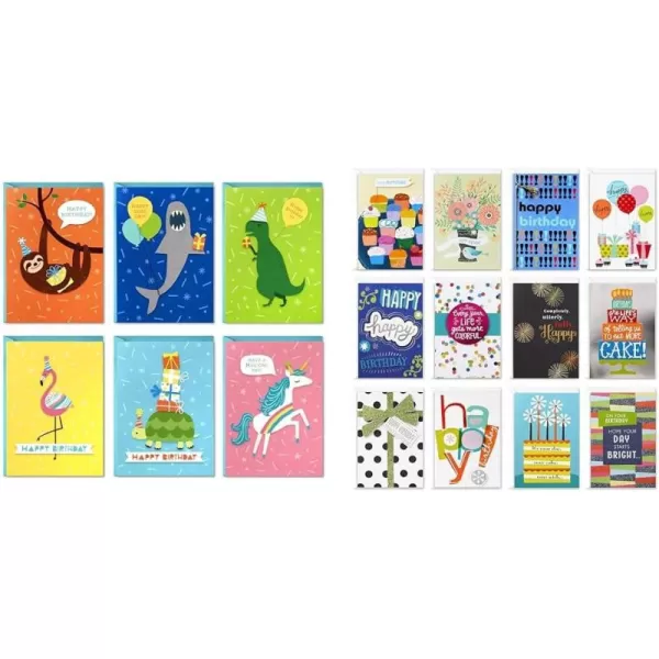 Hallmark Birthday Cards for Kids Assortment 48 Cards with Envelopes Dinosaurs Sloths Unicorns Flamingos Turtles SharksCards  12 Cards and Envelopes