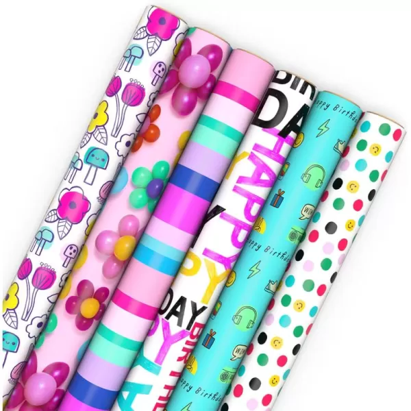 Hallmark Birthday Wrapping Paper Rolls  Flowers Stripes Pink Teal and Black Polka Dots Gift Wrap Paper Set of 6 Rolls 180 sq ft ttl