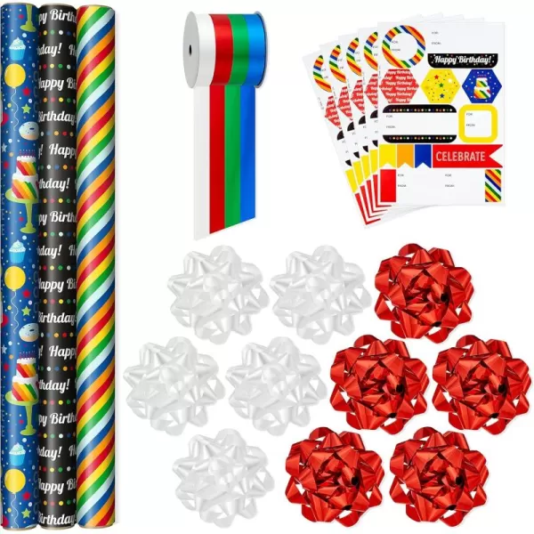 Hallmark Birthday Wrapping Paper Set 3 Rolls 90 Sq Ft Ttl 10 Bows Ribbon Gift Tag Stickers Rainbow Stripes Cake Happy Birthday for Kids and Adults