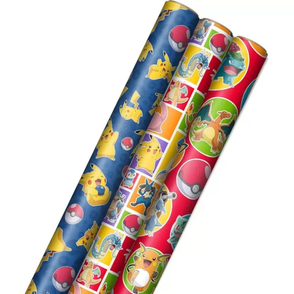 Hallmark Pokmon Wrapping Paper Rolls  Pikachu Charmander Bulbasaur Gift Wrap Paper Set of 3 Rolls 60 sq ft ttl for Birthday Kids Parties Gamers Christmas PresentsPikachu  Charmander  Bulbasaur