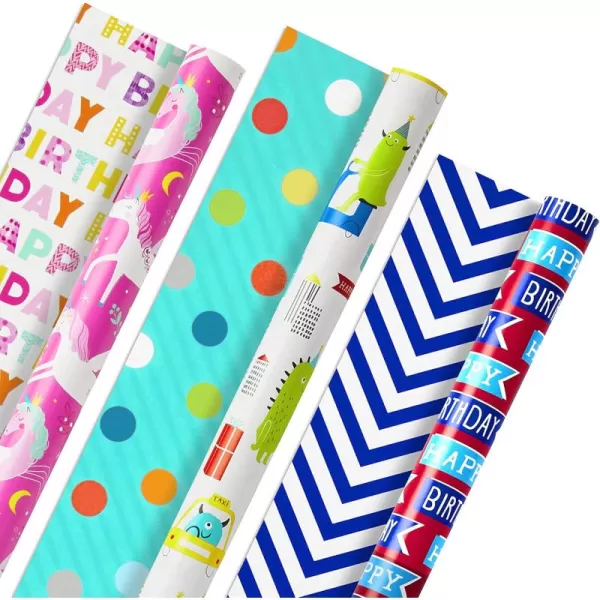 Hallmark Reversible Kids Birthday Wrapping Paper 3 Rolls 120 sq ft ttl Monsters and Unicorns Polka Dots Chevron Pink Teal Blue Red Orange Lime GreenPink