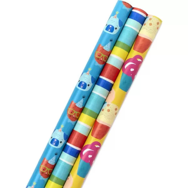 Hallmark Reversible Kids Birthday Wrapping Paper 3 Rolls 120 sq ft ttl Monsters and Unicorns Polka Dots Chevron Pink Teal Blue Red Orange Lime GreenYellow